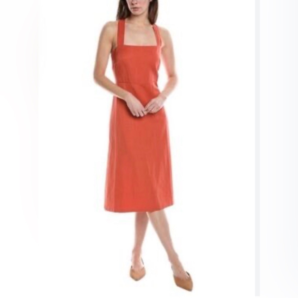Theory Crossback Linen-Blend Square Neck Smocked Back Midi Dress EUC Size 6 - Picture 2 of 8